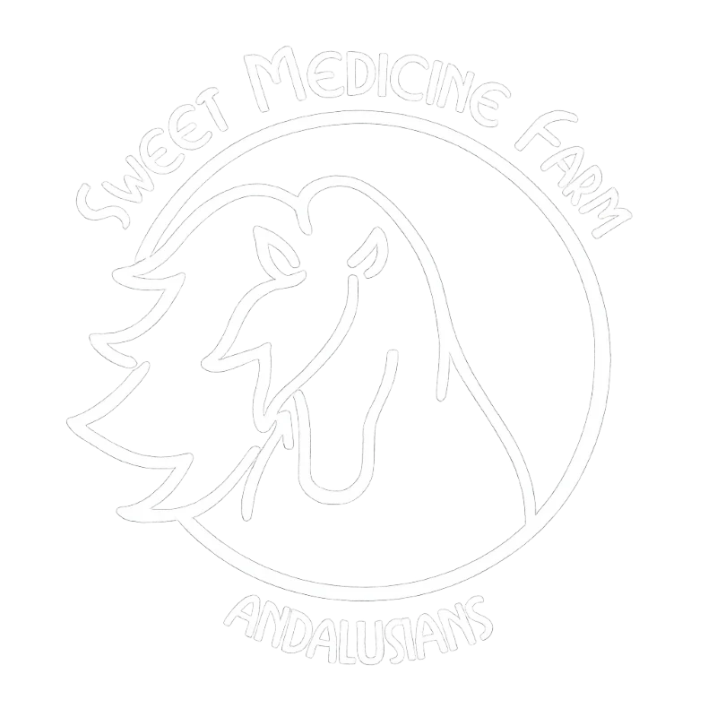 Susan's Original Logo of Sweet Medicine Farm Andalusians with a stylized horse design