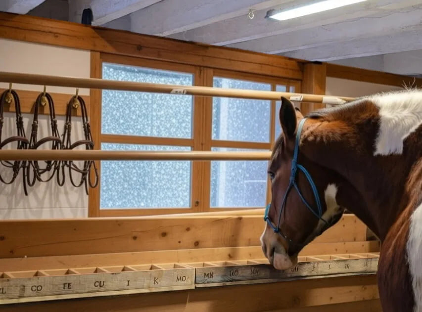 Horse in stall eating minerals from Sweet Medicine Farm free choice mineral feeder