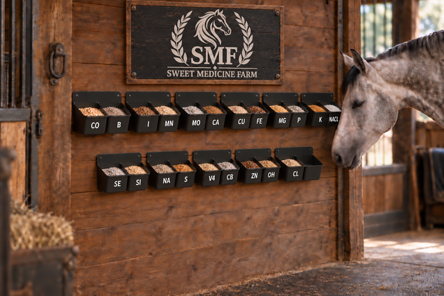 Horse using Fortiflex double-bin feeders arranged as a 21-mineral free-choice buffet in a barn.