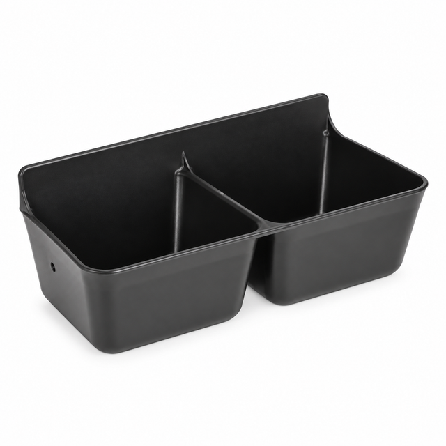 Angled view of a black Fortiflex double-bin mineral feeder