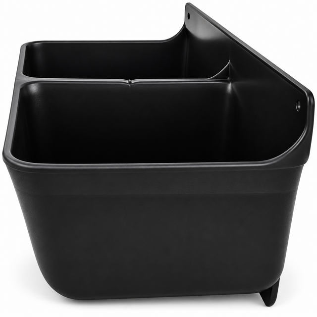 Side view showing the separate compartments of a black Fortiflex mineral feeder