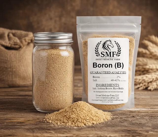 Boron mineral jar and refill pouch for the Sweet Medicine Farm Free Choice Horse Mineral Buffet
