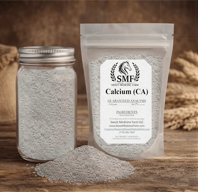 Calcium mineral jar and refill pouch for the Sweet Medicine Farm Free Choice Horse Mineral Buffet