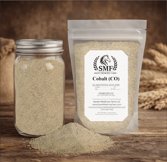Cobalt mineral jar and refill pouch for the Sweet Medicine Farm Free Choice Horse Mineral Buffet