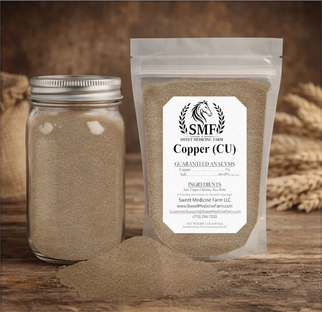 Copper mineral jar and refill pouch for the Sweet Medicine Farm Free Choice Horse Mineral Buffet