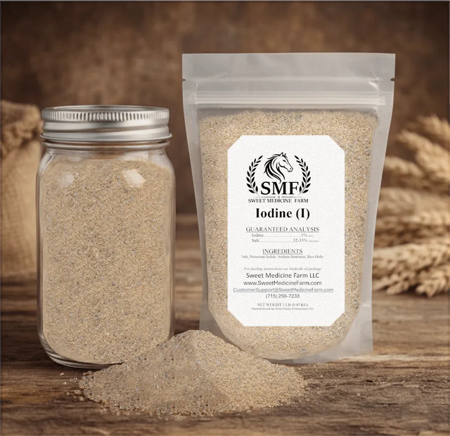Iodine mineral jar and refill pouch for the Sweet Medicine Farm Free Choice Horse Mineral Buffet
