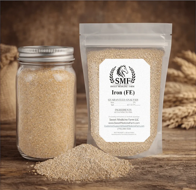 Iron mineral jar and refill pouch for the Sweet Medicine Farm Free Choice Horse Mineral Buffet