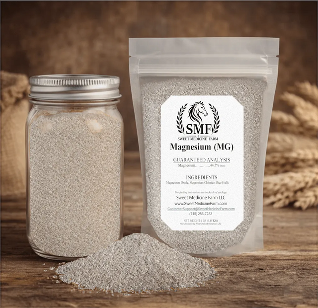 Magnesium mineral jar and refill pouch for the Sweet Medicine Farm Free Choice Horse Mineral Buffet