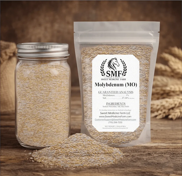 Molybdenum mineral jar and refill pouch for the Sweet Medicine Farm Free Choice Horse Mineral Buffet