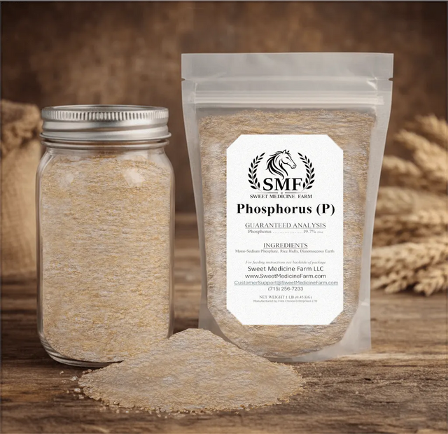 Phosphorus mineral jar and refill pouch for the Sweet Medicine Farm Free Choice Horse Mineral Buffet