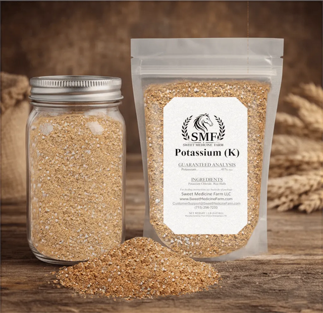 Potassium mineral jar and refill pouch for the Sweet Medicine Farm Free Choice Horse Mineral Buffet