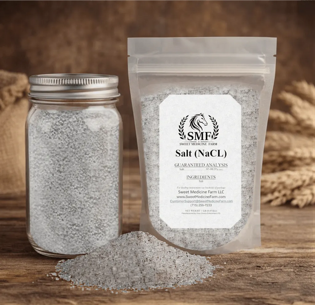 Salt mineral jar and refill pouch for the Sweet Medicine Farm Free Choice Horse Mineral Buffet