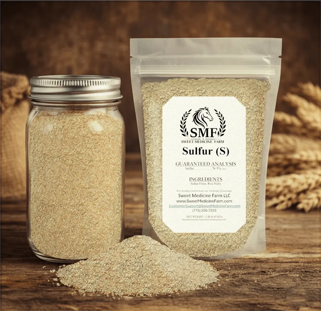Sulfur mineral jar and refill pouch for the Sweet Medicine Farm Free Choice Horse Mineral Buffet