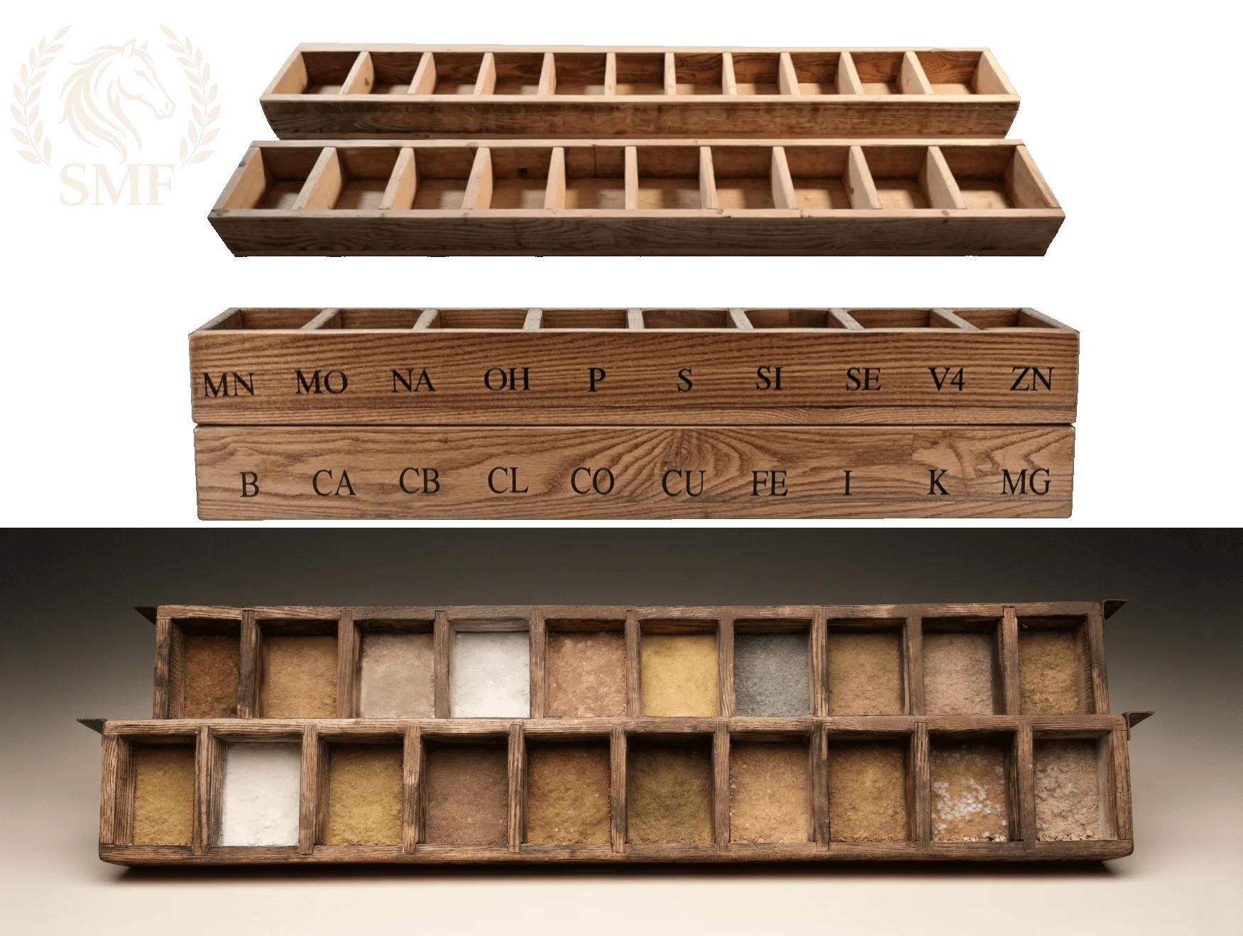 Loose minerals arranged in a Free Choice Horse Mineral Buffet feeder