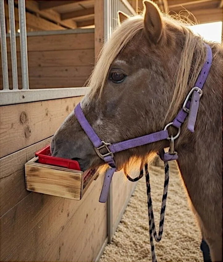 Horse eating minerals from Sweet Medicine Farm free choice mineral feeder
