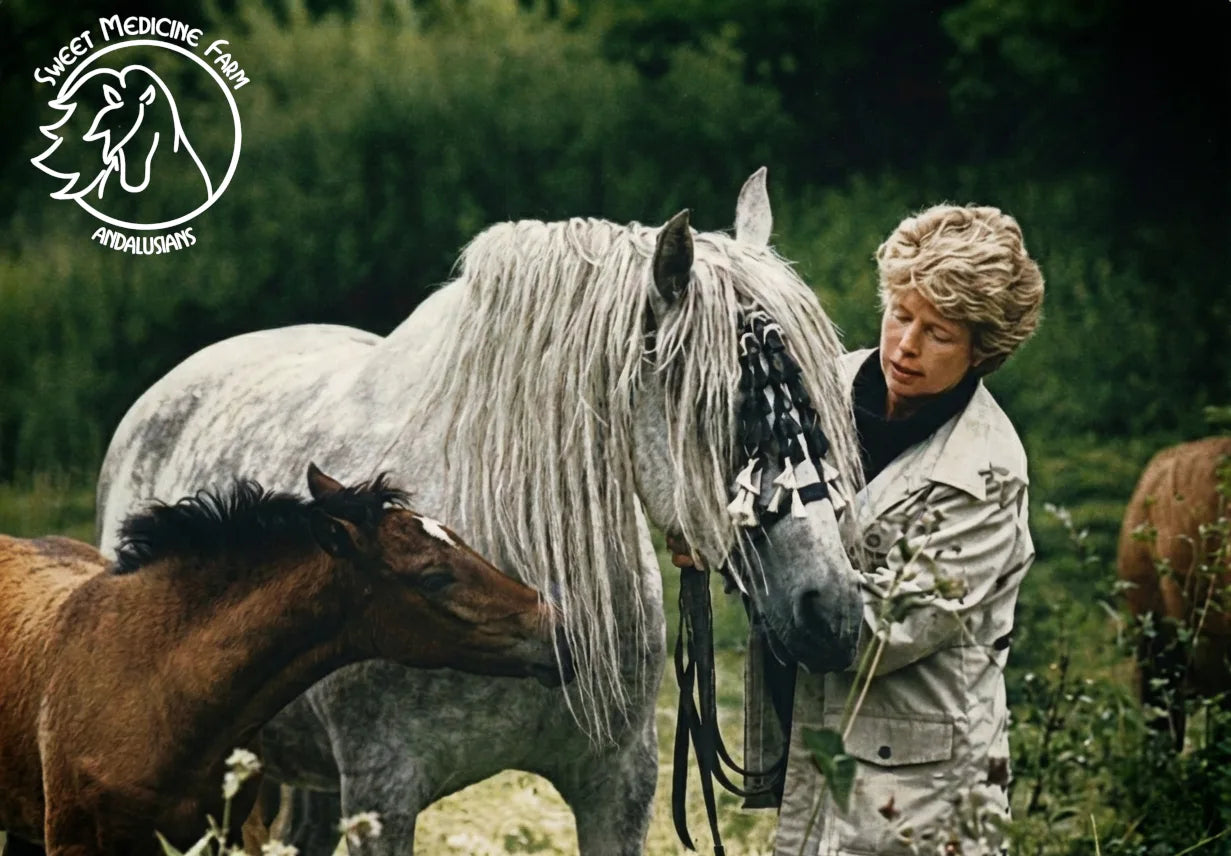 Woman interacting with a horse in a natural setting, with 'Sweet Medicine Farm' branding.