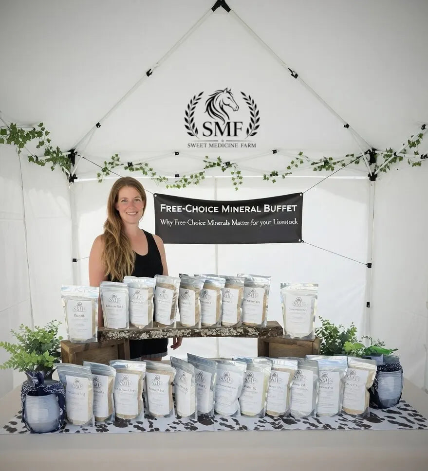 Kristy from Sweet Medicine Farm standing behind the Free Choice Mineral Buffet display