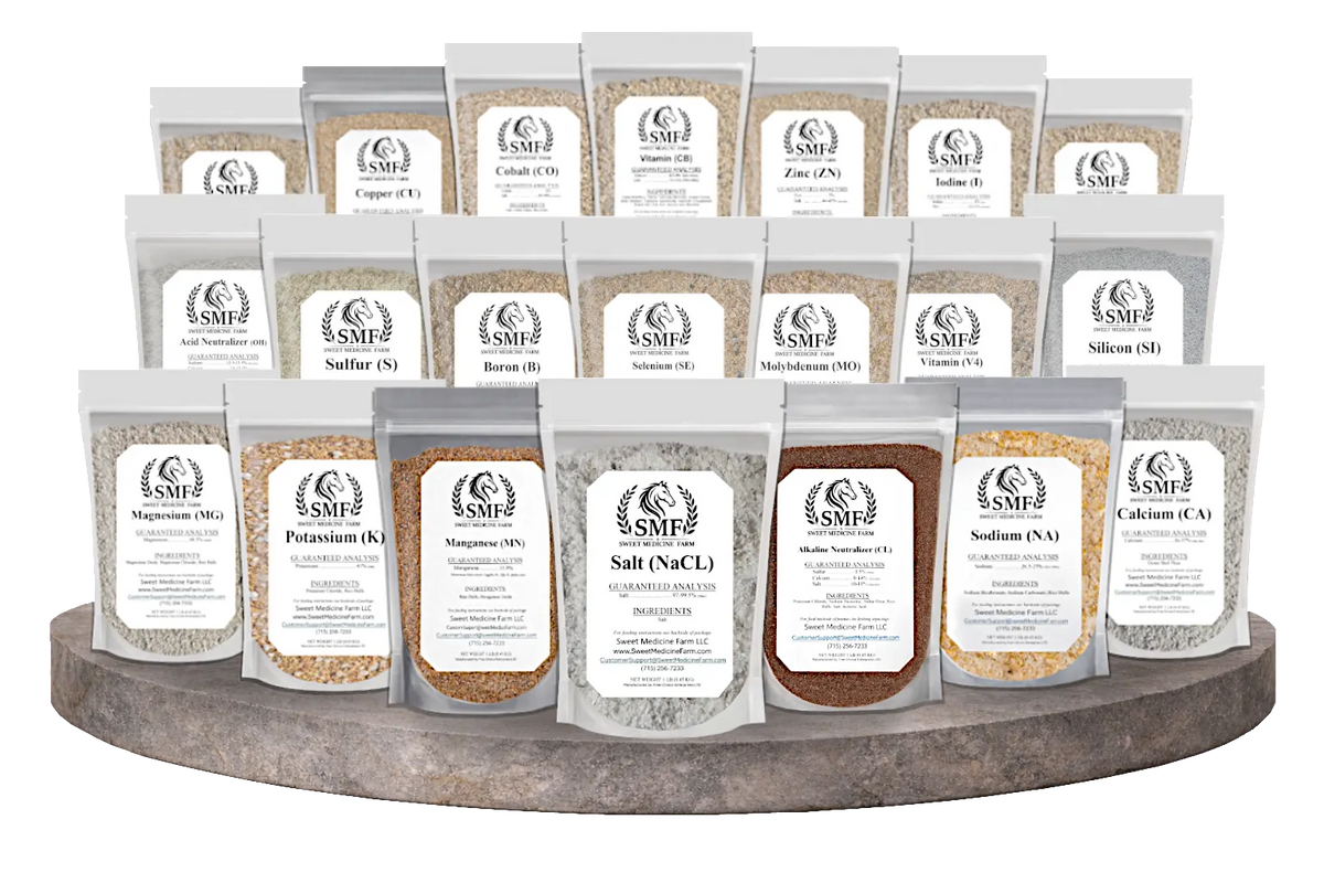 Sweet Medicine Farm Free Choice Horse Mineral Buffet showing the full range of loose minerals for horses