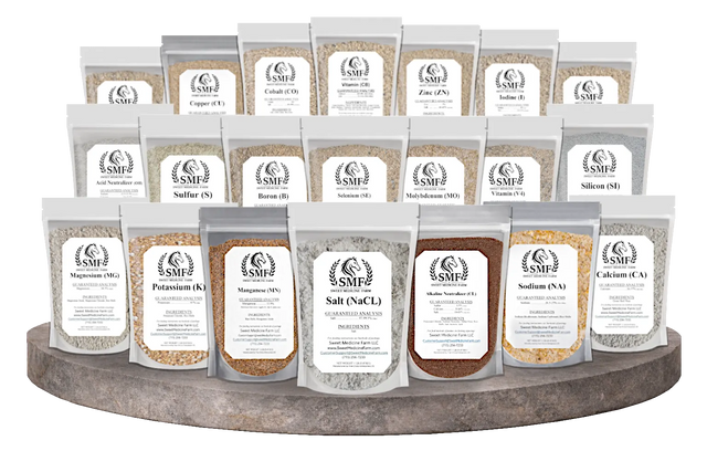 Sweet Medicine Farm Free Choice Horse Mineral Buffet showing the full range of loose minerals for horses