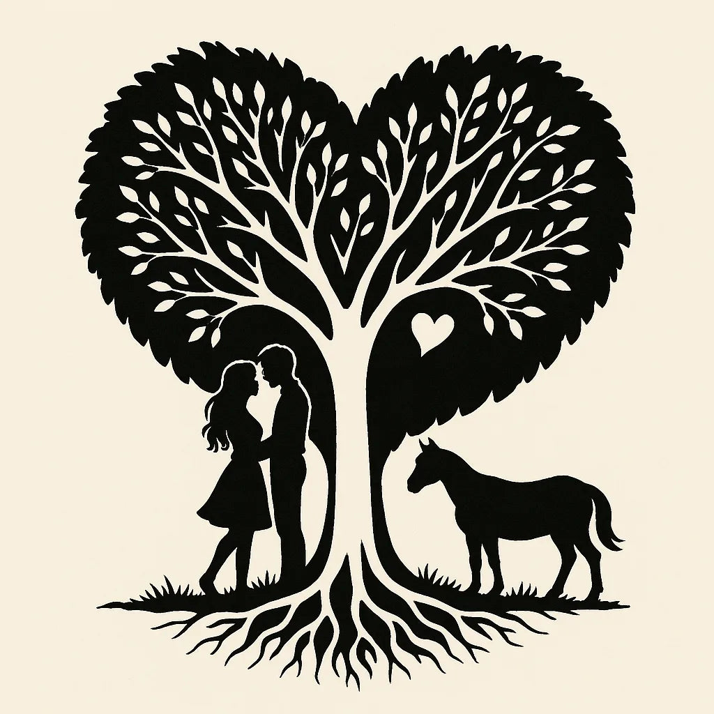 Heart shaped tree with couple and horse symbolizing the Sweet Medicine Farm story and connection to animals and nature